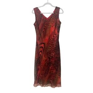 Vintage BELIEVE Women's 10 Y2k Animal Mixed Print Red Sheath Sheer Midi Dress
